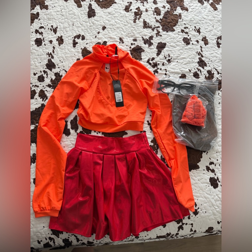 Fashion Nova costume set Neon Orange Top and Red Skirt Set